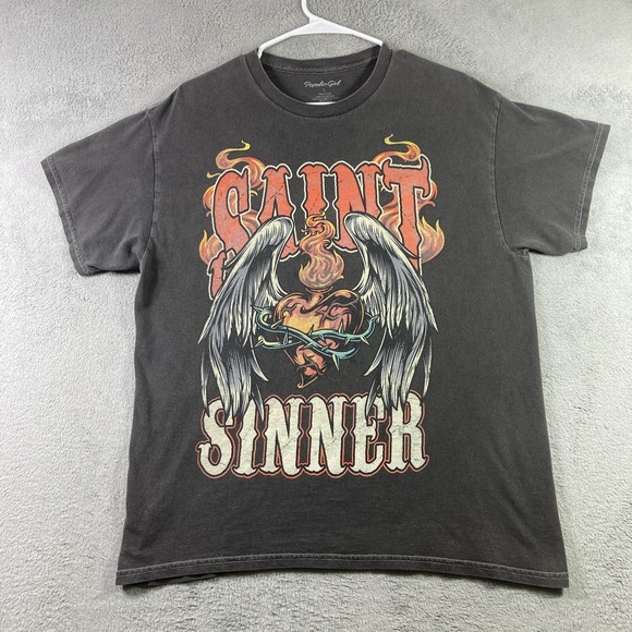 Popular Girl Other - Saint and Sinner Shirt Adult Large Black Graphic Tee Flames Wings Heart